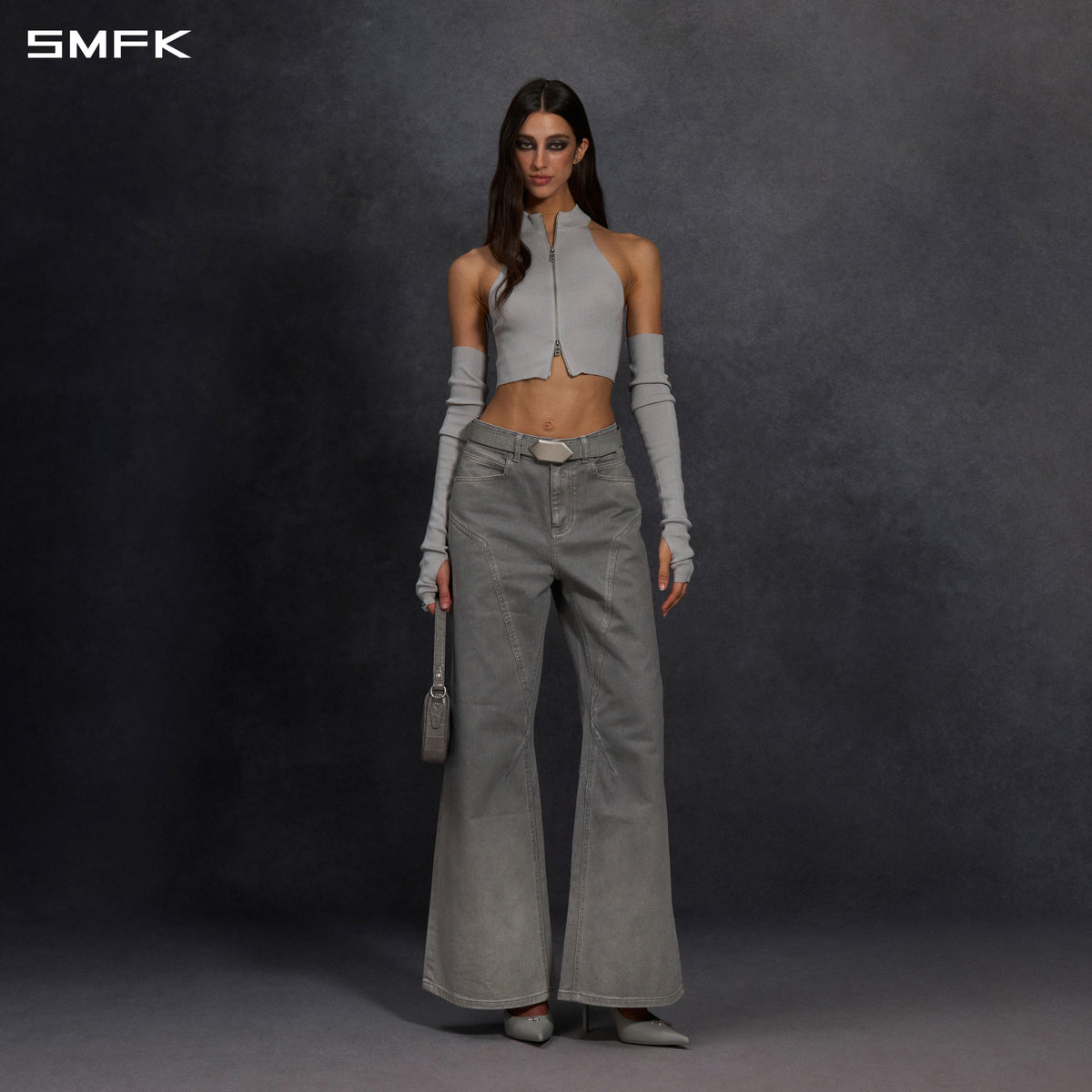 MYTH SIREN HIGH COLLAR ZIP KNIT VEST/LENZING TENCEL+SILK+COTTON GLACIER GREY