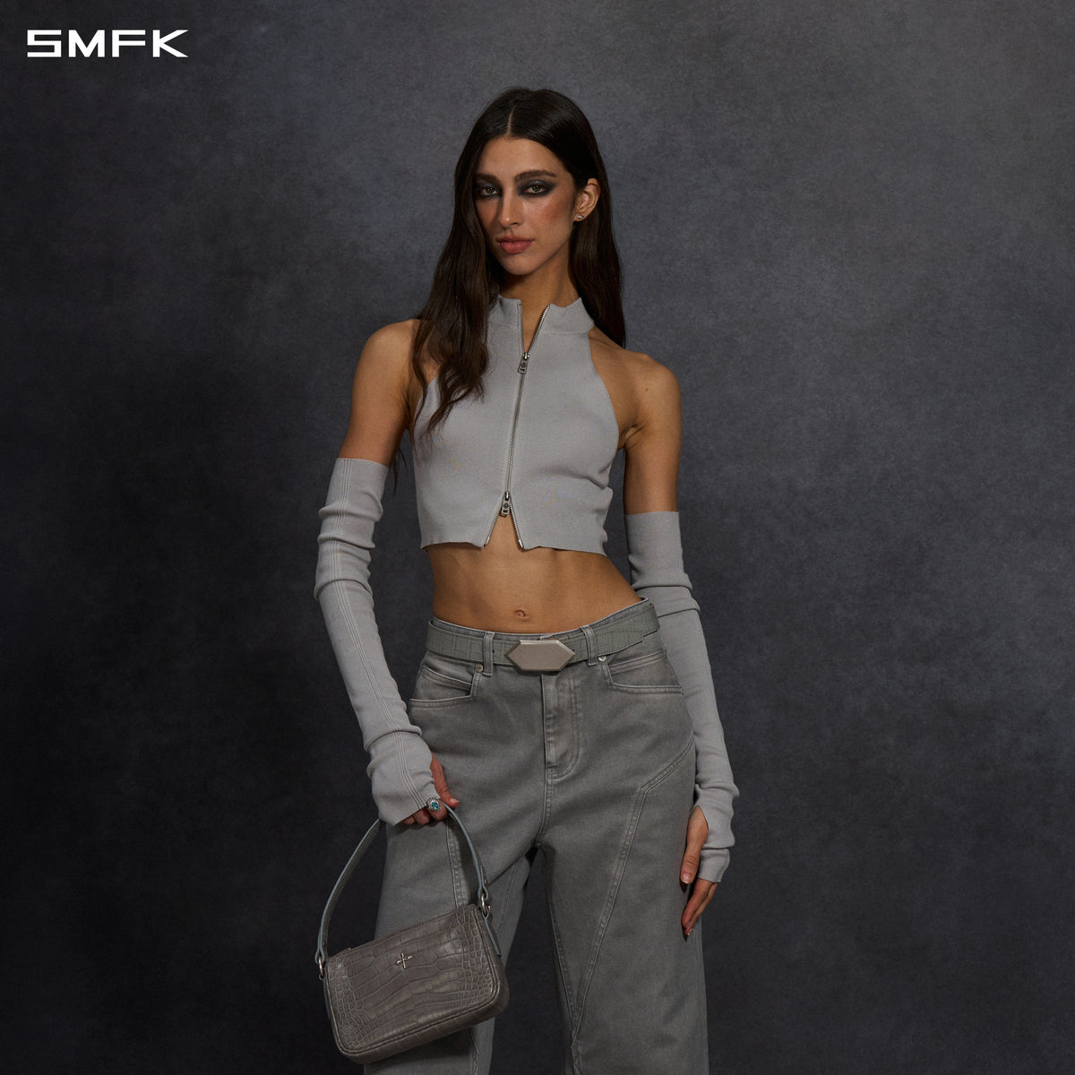MYTH SIREN HIGH COLLAR ZIP KNIT VEST/LENZING TENCEL+SILK+COTTON GLACIER GREY