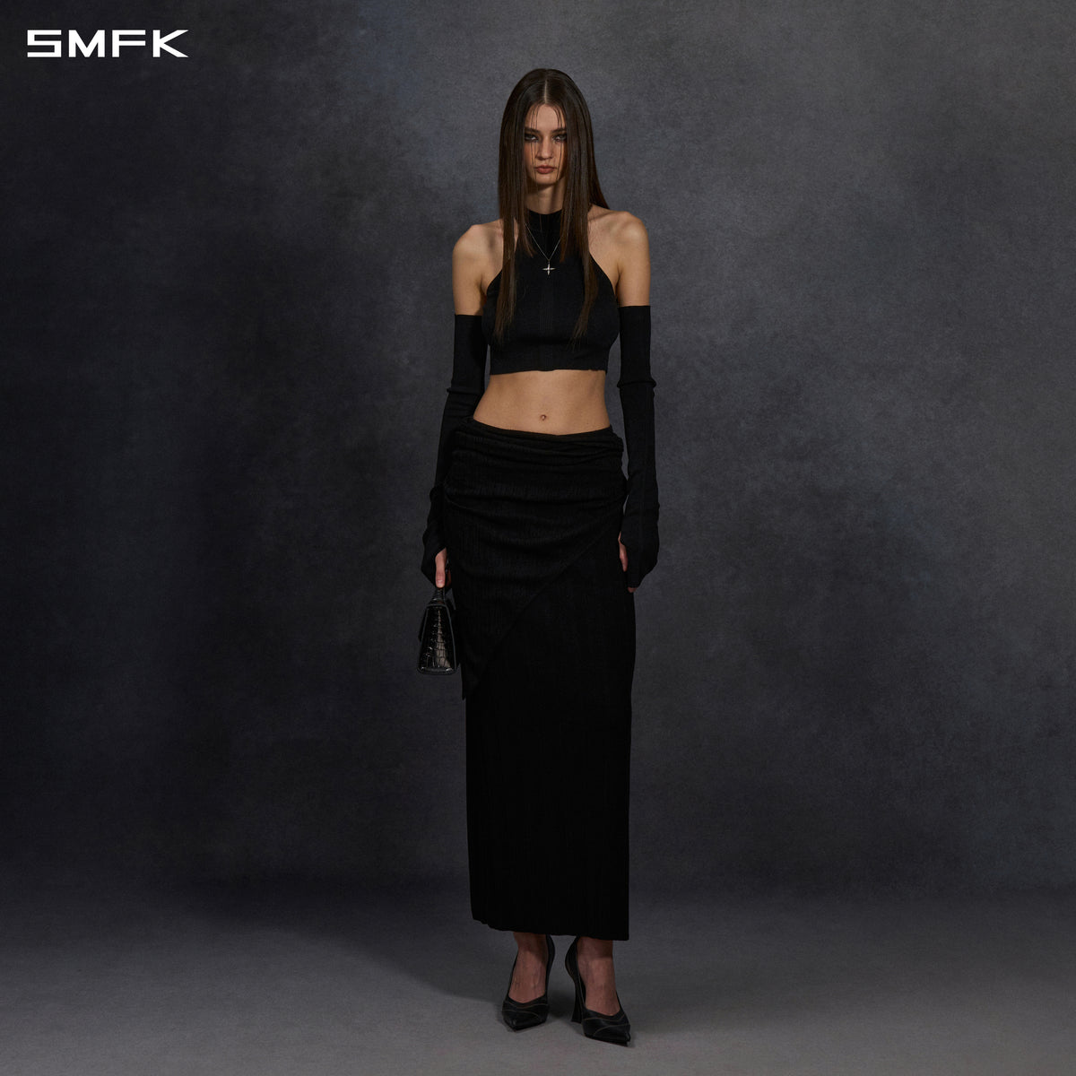 MYTH SIREN HIGH COLLAR RAGLAN KNIT VEST/SILK+LENZING TENCEL+COTTON WILD BLACK