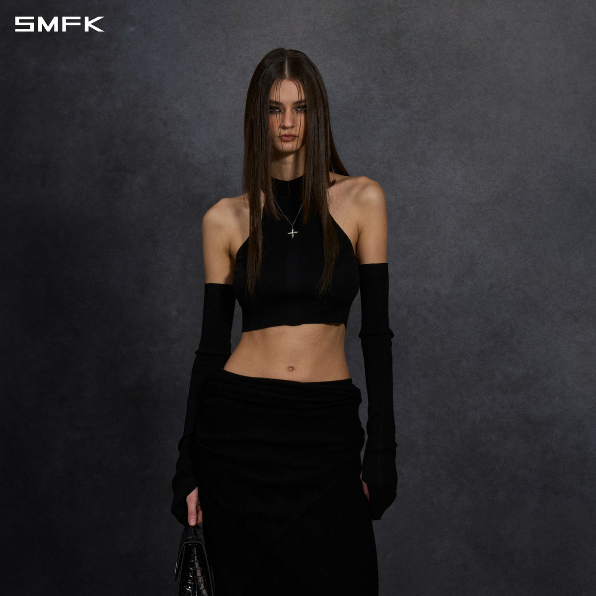 MYTH SIREN HIGH COLLAR RAGLAN KNIT VEST/SILK+LENZING TENCEL+COTTON WILD BLACK