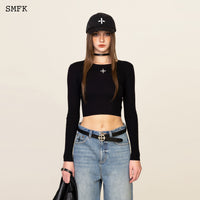 Compass Cross Rib Knitted Top In Black