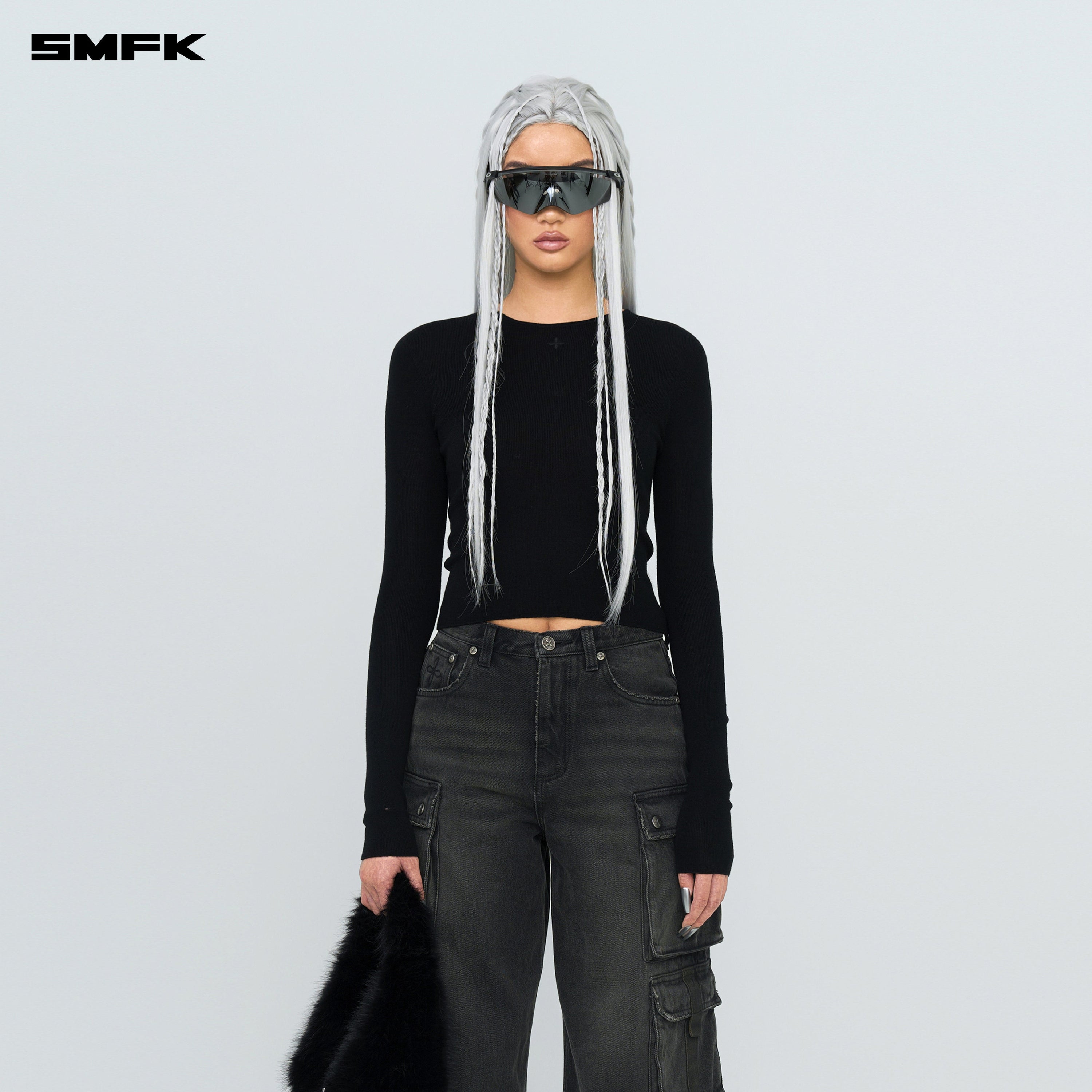 Compass Hug Knit Wool Top In Black - SMFK Official