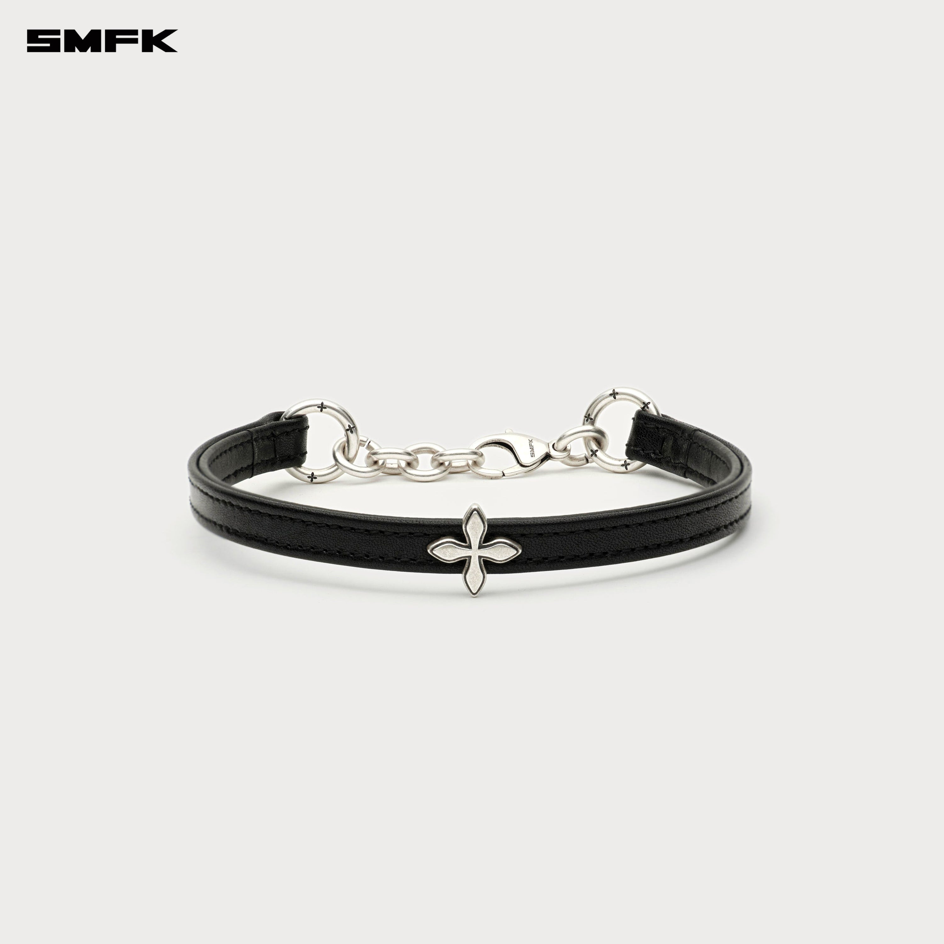 COMPASS RIVET Cross Badge Leather Choker in Black - SMFK Official