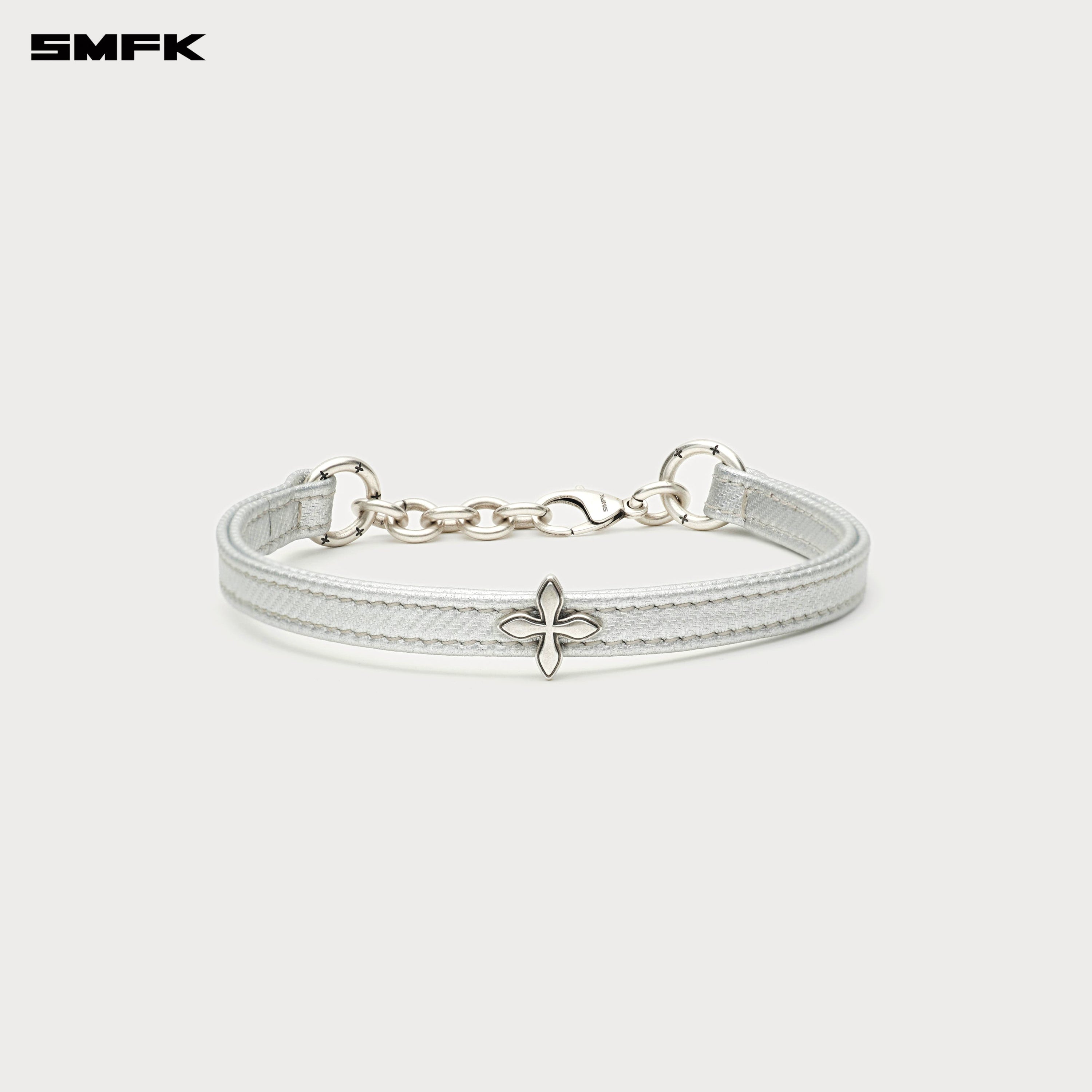 COMPASS RIVET Cross Badge Leather Choker in Silver - SMFK Official