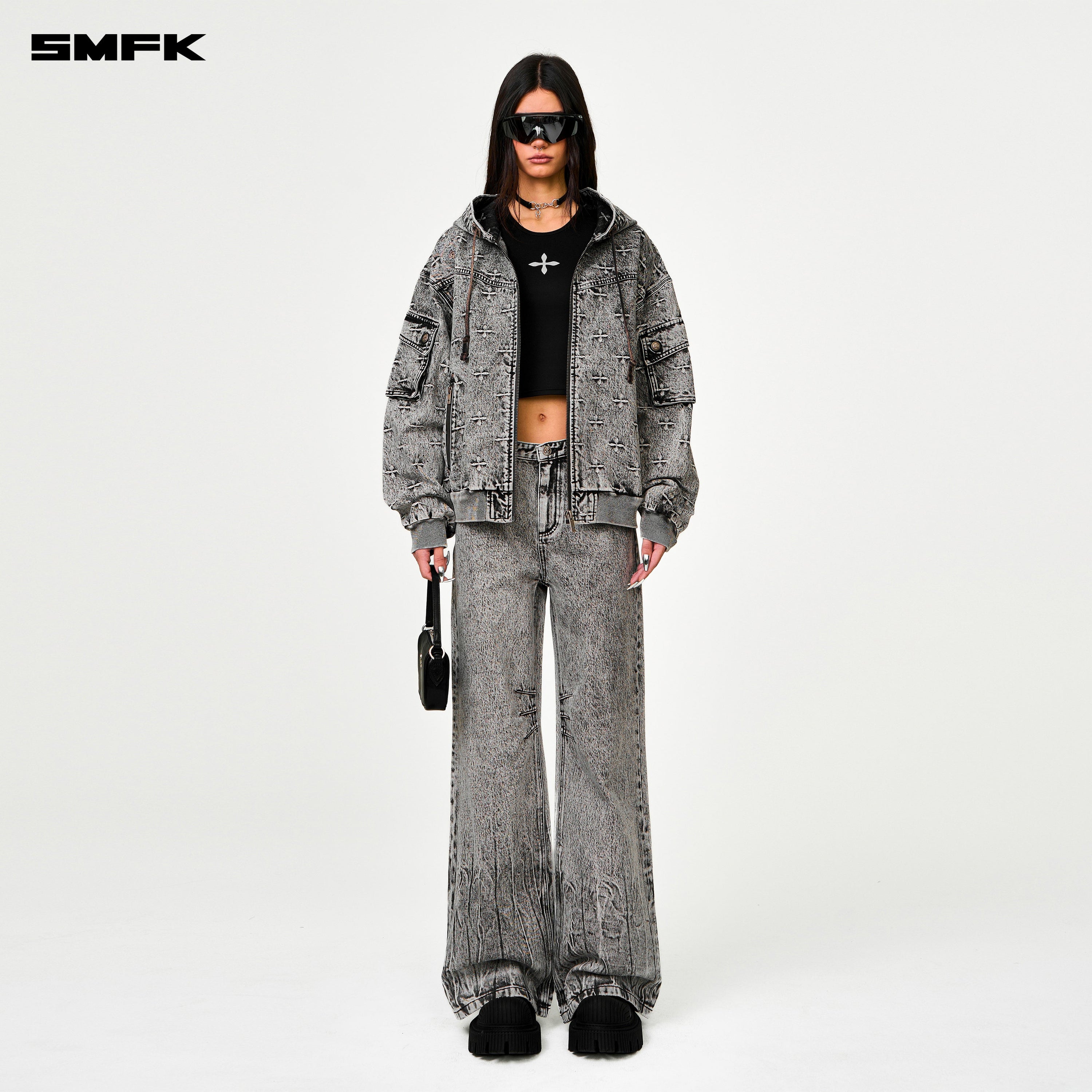 Compass Storm Garden Oversize Denim Hoodie Gray - SMFK Official