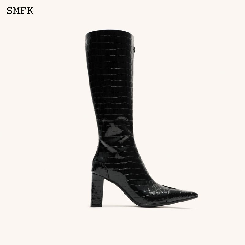 Compass Black Crocodile-Embossed Leather High Boots - SMFK Official