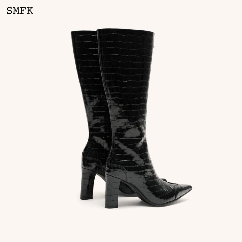 Compass Black Crocodile-Embossed Leather High Boots - SMFK Official