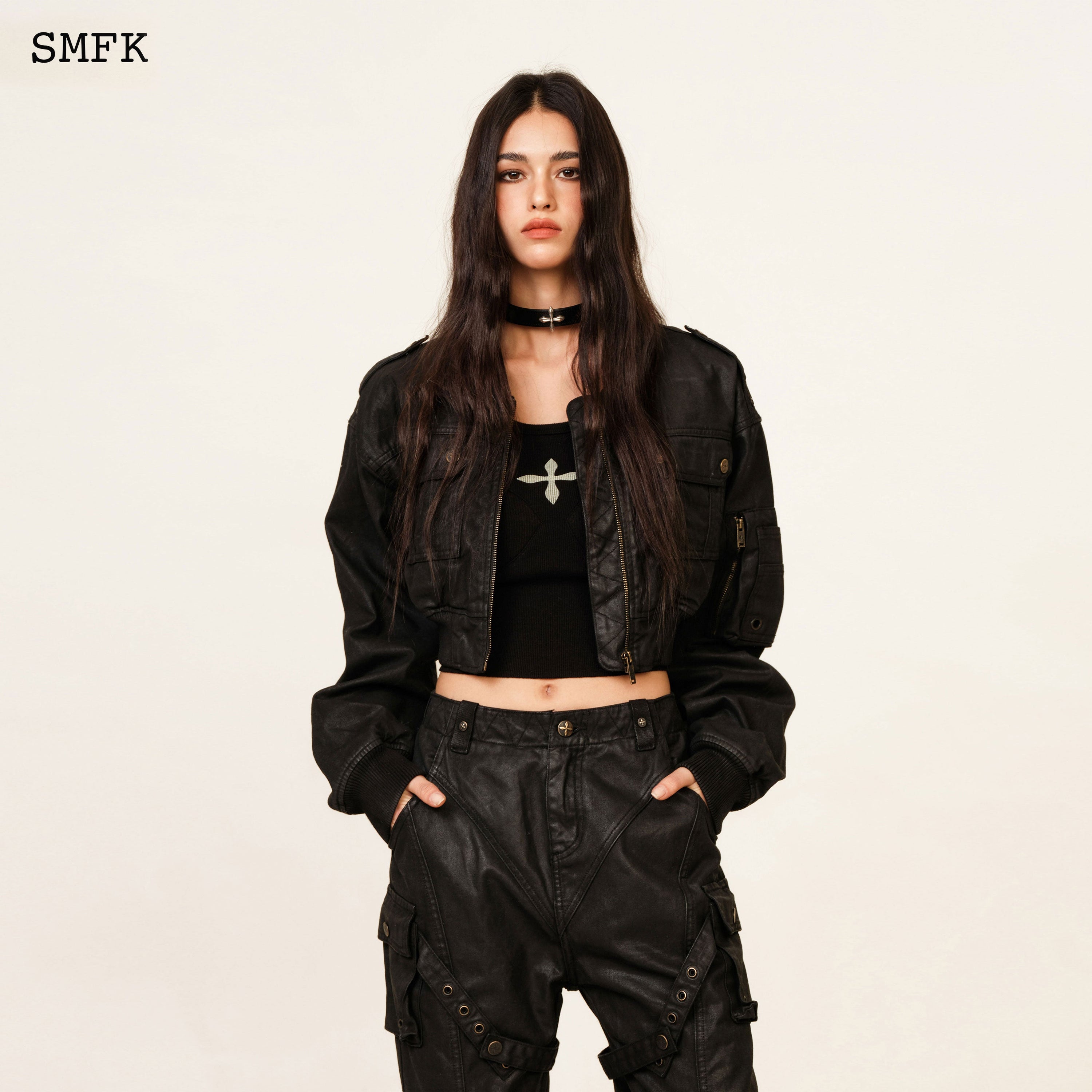 Compass Cross Leather Thick Choker In Black - SMFK Official