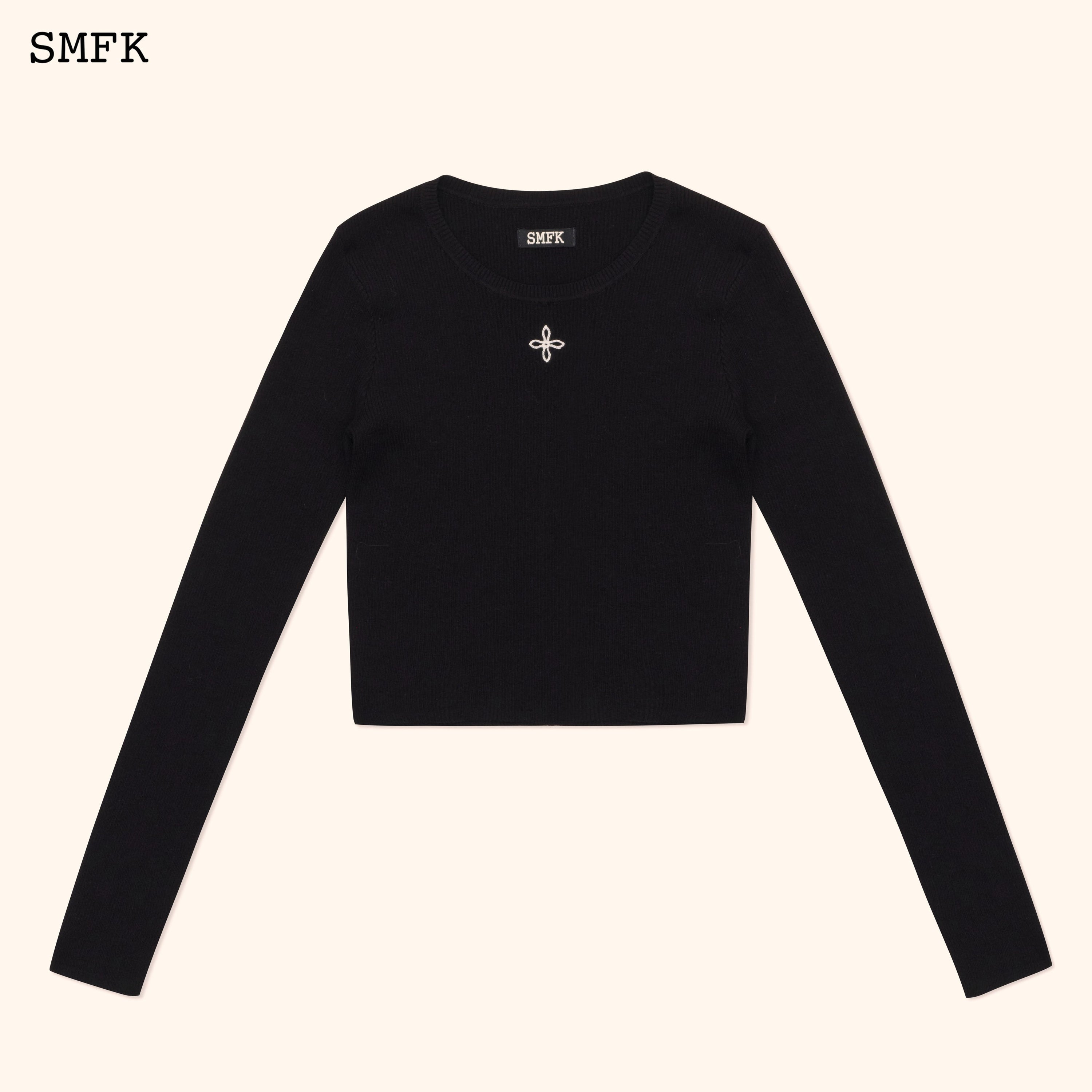 Compass Cross Rib Knitted Top In Black - SMFK Official