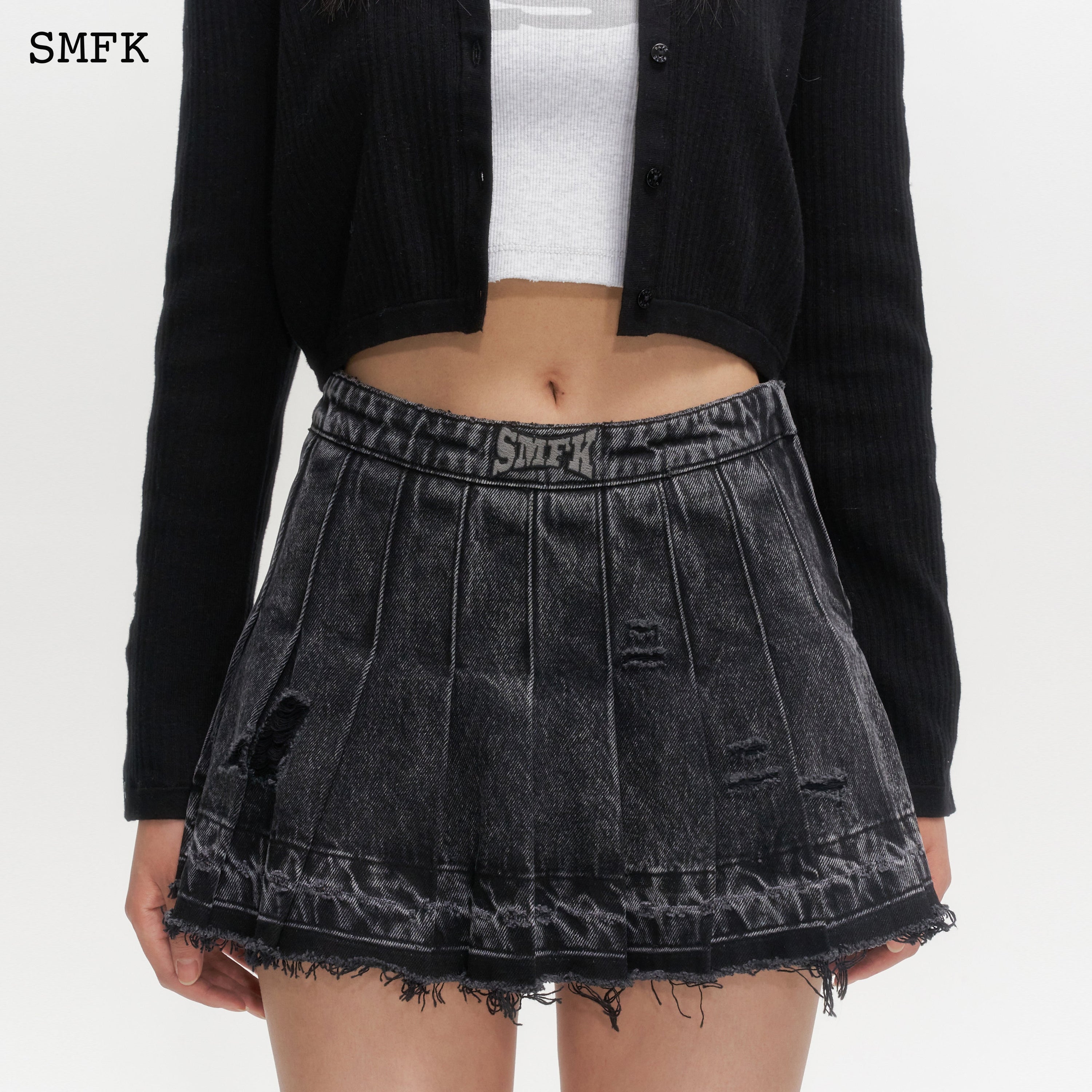 Pleated Skirt Black Short Jean Skirt Denim Skirt Mid Length