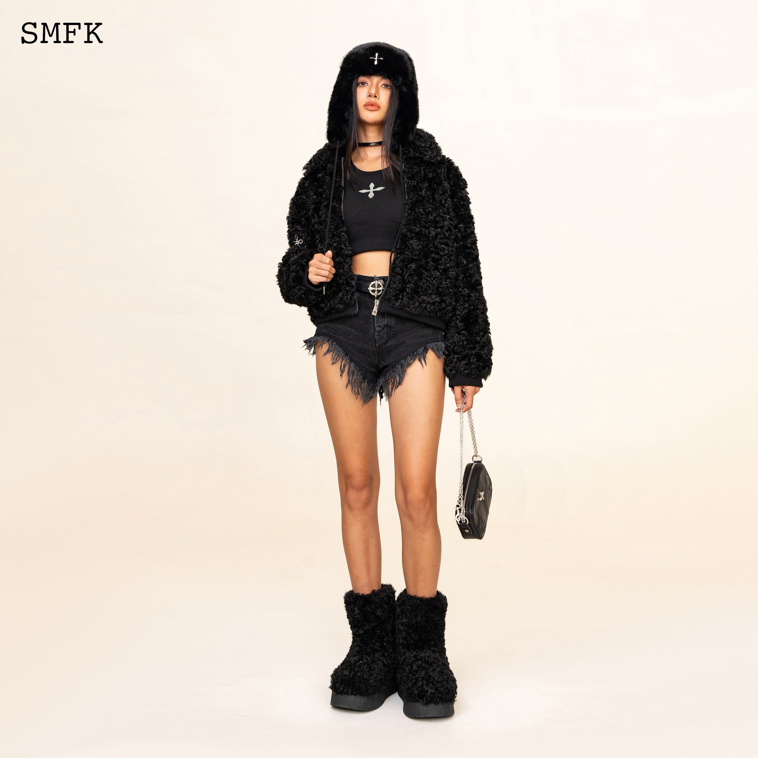 WildWorld Adventure Short Faux Fur Jacket In Black - SMFK Official