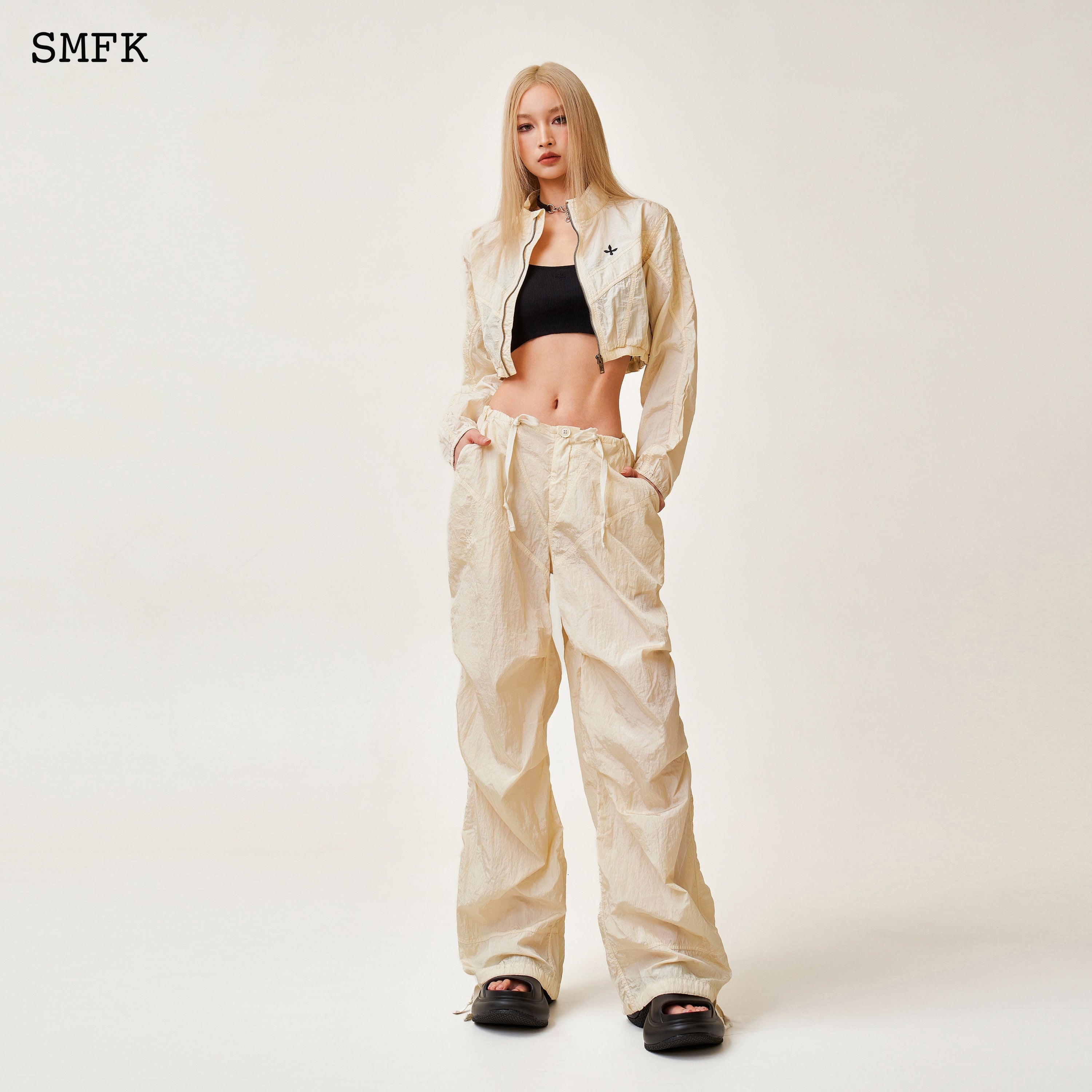 WildWorld Parachute Wide-Leg Pants In White - SMFK Official